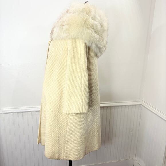 Vintage 60s Swing Coat Fur Collar Double Breasted Cream Union Tag Glam FLAWS - Picture 2 of 16